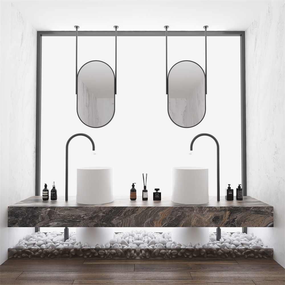 Hotel Use Bath Mirror Ceiling Mounted Stainless Steel Framed Bathroom Vanity Mirror with LED Light