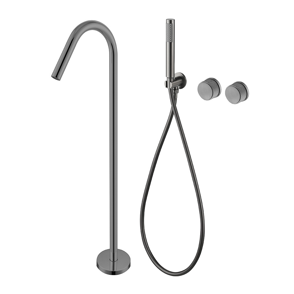 Wall Mounted Bathtub Mixer Hot Cold Water Tap Gun Metal Finish Brass Bath Shower Mixer with Floor Stand Tub Filler Faucet