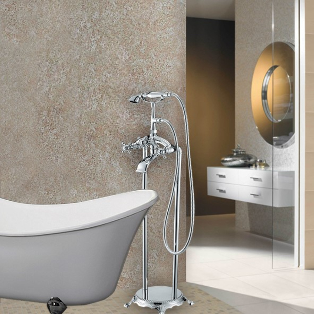 Golden Finished Wall Mounted Luxurious Brass Bathtub Faucet with Hand Shower and Triple Handles