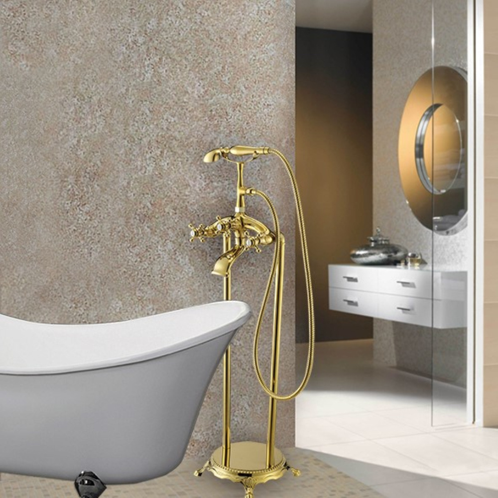 Golden Finished Wall Mounted Luxurious Brass Bathtub Faucet with Hand Shower and Triple Handles