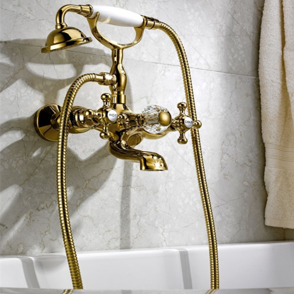 Golden Finished Wall Mounted Luxurious Brass Bathtub Faucet with Hand Shower and Triple Handles