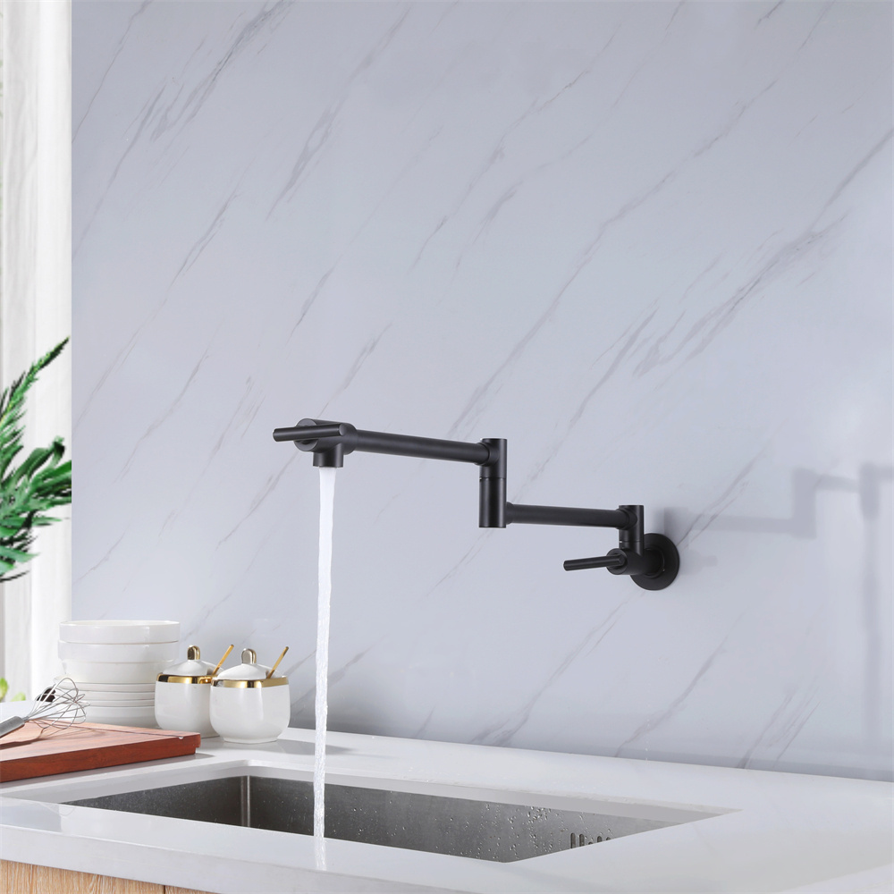 Wall Mounted Matt Black Finished Flexible Spout Hot and Cold Brass Kitchen Pot Filler Mixer