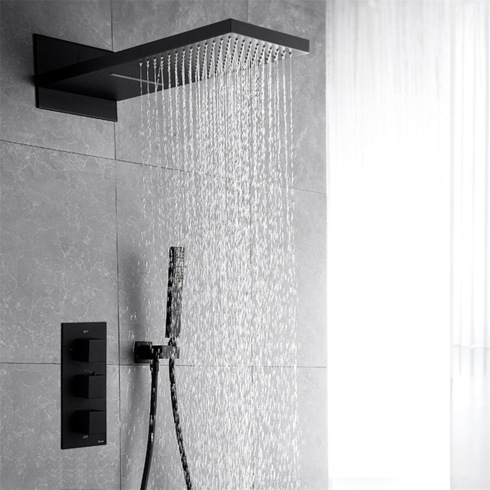 Modern Black Finish Brass In-Wall Shower Set Thermostatic Shower Mixer