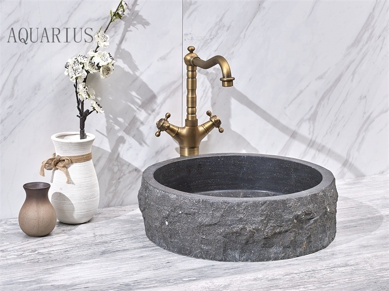 Outside Natural Split Design Limestone Vessel Sink Blue Marble Basin