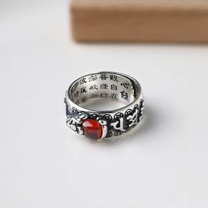 Wholesale 925 silver Pixiu Charms Feng Shui Red Agate Ring Amulet Wealth Lucky Open Adjustable Ring Buddhist Jewelry Ring