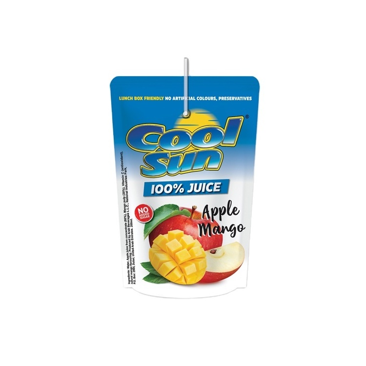 Cool-Sun Apple-Mango juice 100% 200ML produced from concentrate and packed in triple laminated stand-up pouches