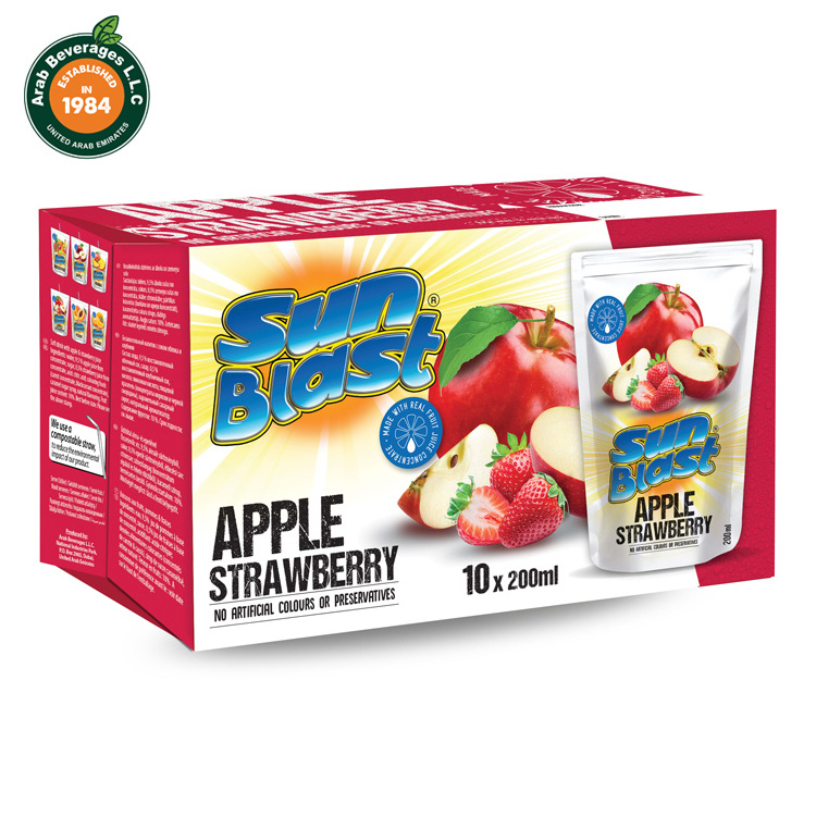 Sun-Blast's 200ML Triple Laminated Stand-Up Pouches Apple-Strawberry Juice 10% Concentrate from Sun Ripened Fruits