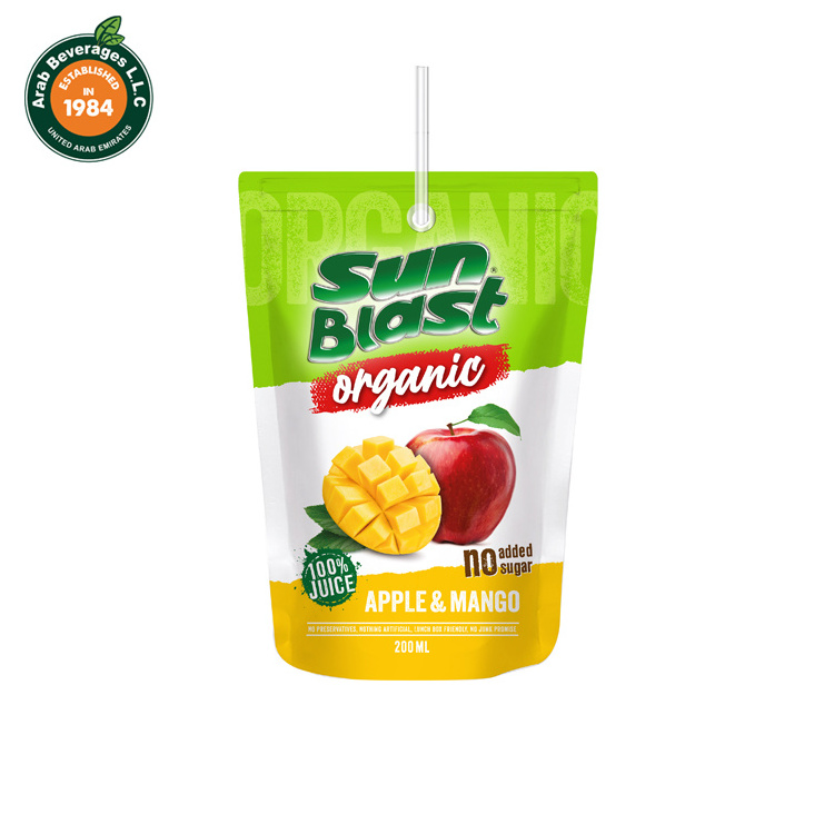 Sun-Blast's 200ML Triple Laminated Stand-Up Pouches Organic Apple Mango Juice 100% Concentrate