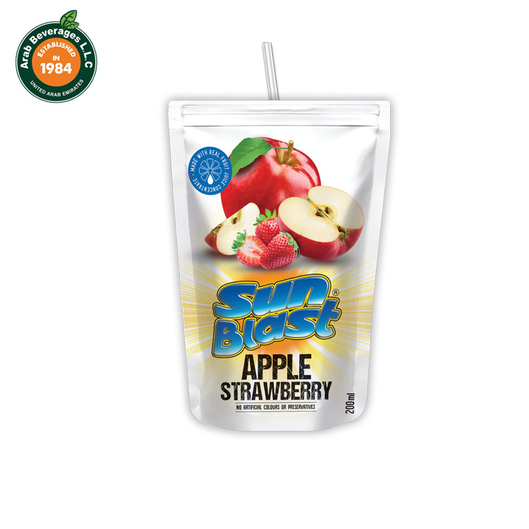 Sun-Blast's 200ML Triple Laminated Stand-Up Pouches Apple-Strawberry Juice 10% Concentrate from Sun Ripened Fruits