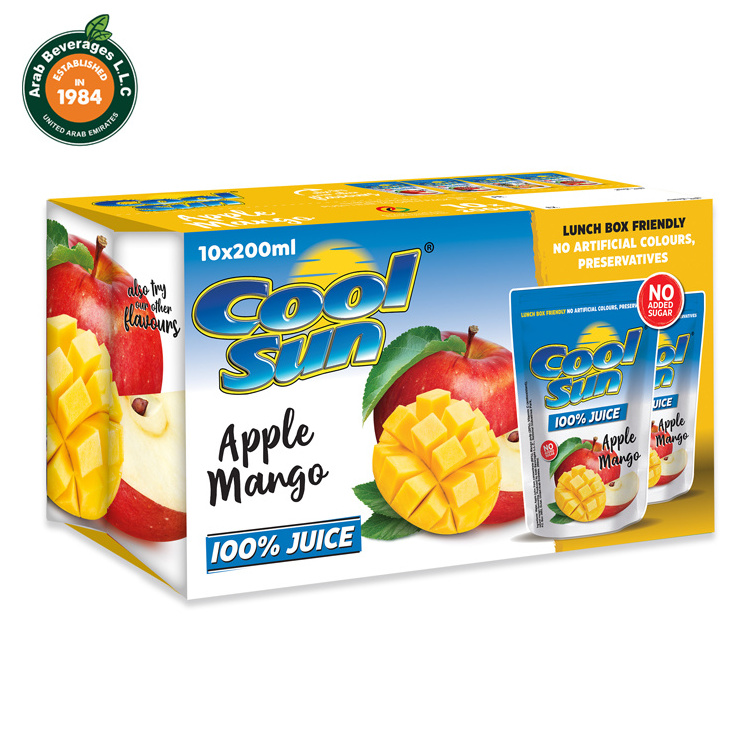 Cool-Sun Apple-Mango juice 100% 200ML produced from concentrate and packed in triple laminated stand-up pouches