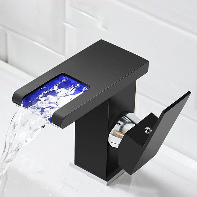 Hot and Cold Temperature Control LED Light Waterfall Spout Basin Faucet