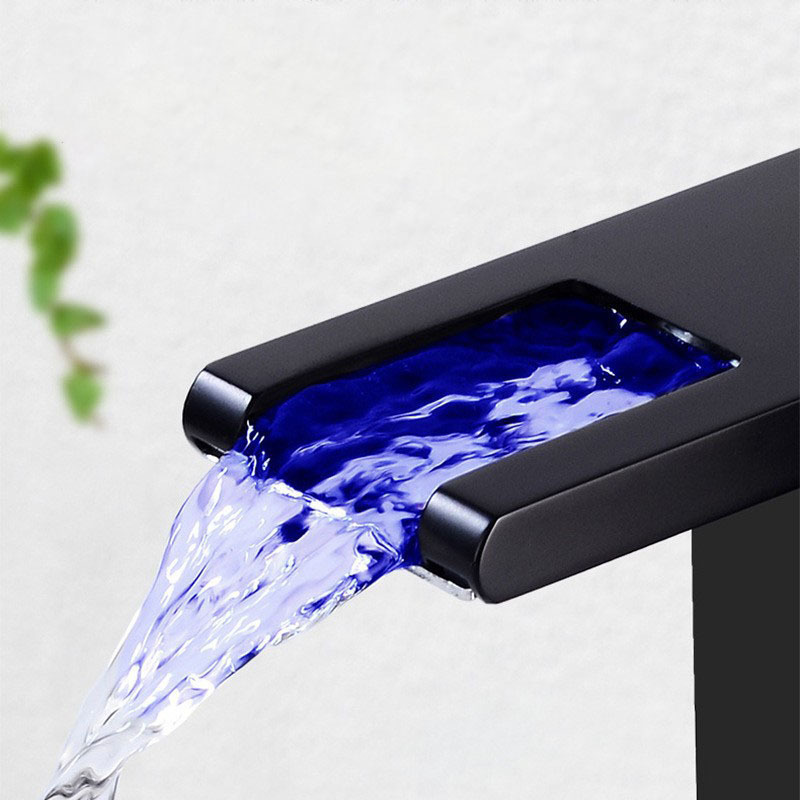 Hot and Cold Temperature Control LED Light Waterfall Spout Basin Faucet