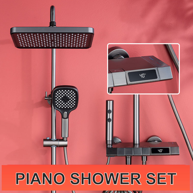 Luxury Piano Keys Modern Bath Faucet Brass  Bathroom Tap Sets Wall  LED Thermostatic Shower Set