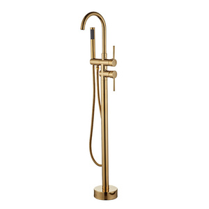 Brass GOLD Free Standing Bathtub Taps Floor Mounted Bathtub Faucet Mixer with hand shower