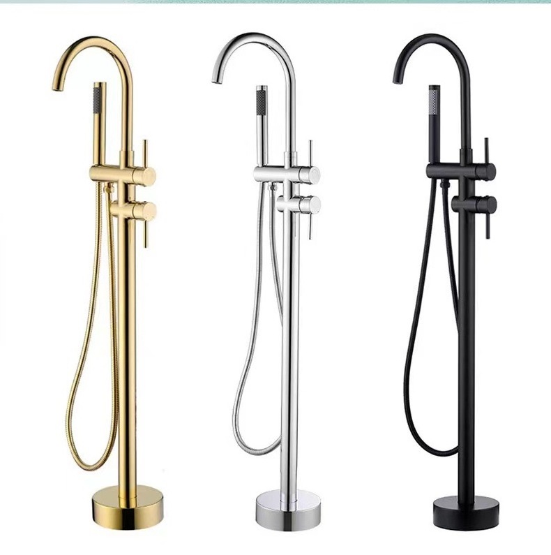 Brass GOLD Free Standing Bathtub Taps Floor Mounted Bathtub Faucet Mixer with hand shower