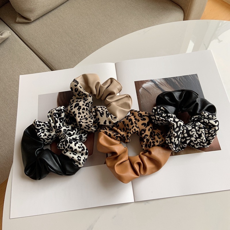 Leather Printing Animal Hair Band Ropes Chic PU Cows Leopard Pattern Hair Scrunchies