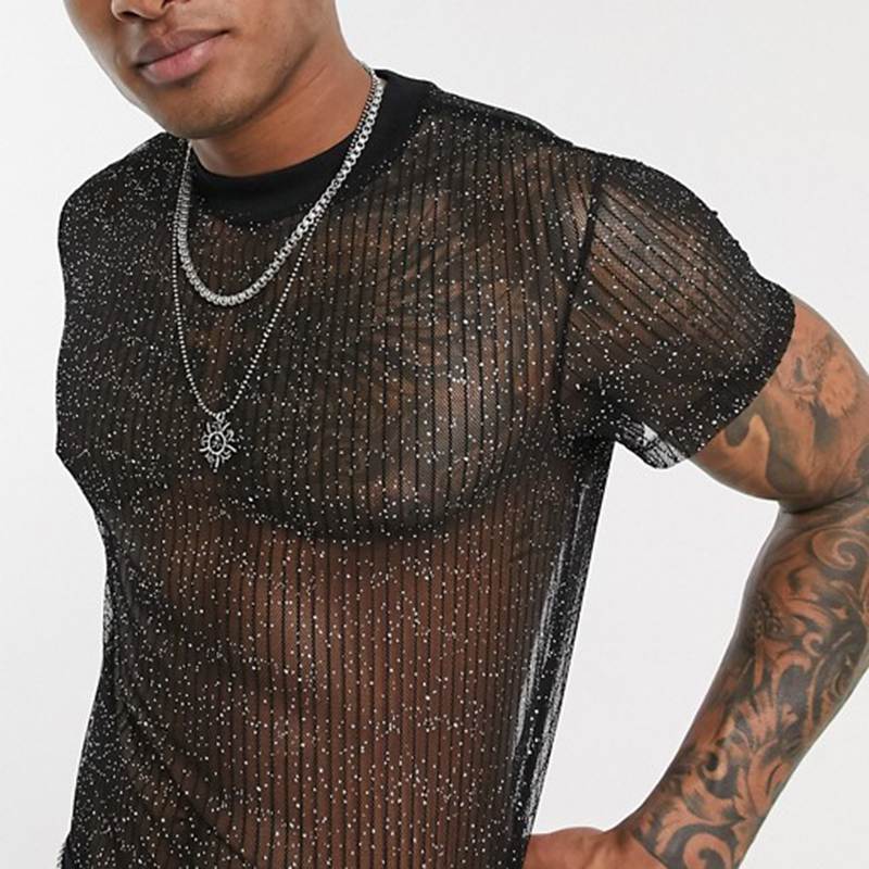 Mens Sexy Mesh Breathable See-through Shirts Short Sleeve Nightclub Slim Shiny Sheer Tops Shirt Costume Sexy Fish Net T-shirt