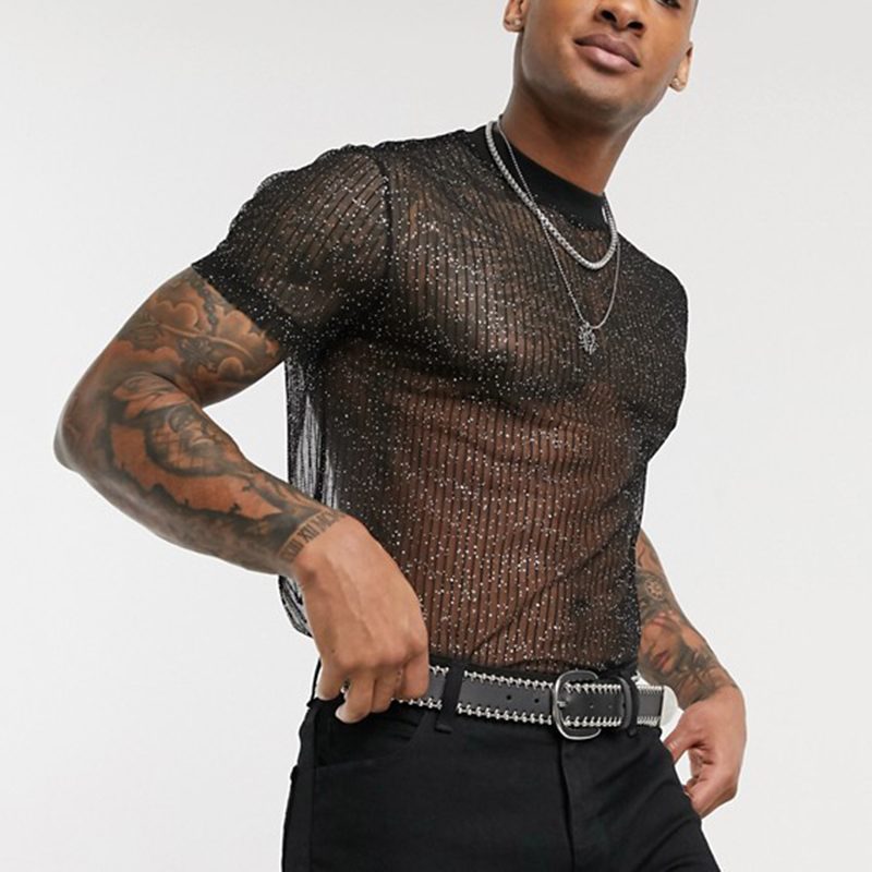 Mens Sexy Mesh Breathable See-through Shirts Short Sleeve Nightclub Slim Shiny Sheer Tops Shirt Costume Sexy Fish Net T-shirt