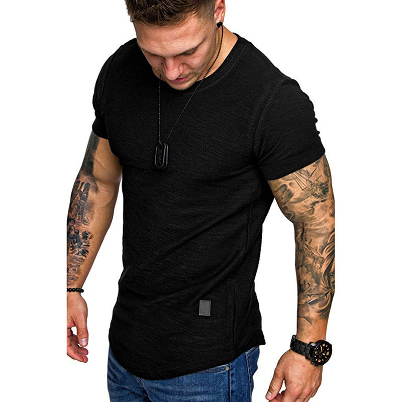 Custom Logo Curved Scoop Hem Round Bottom Scallop Plain Supima Short Sleeve Tee Men T-Shirt Cotton Leather Label Men's T Shirt