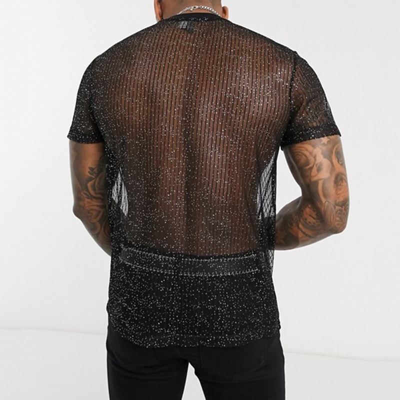 Mens Sexy Mesh Breathable See-through Shirts Short Sleeve Nightclub Slim Shiny Sheer Tops Shirt Costume Sexy Fish Net T-shirt