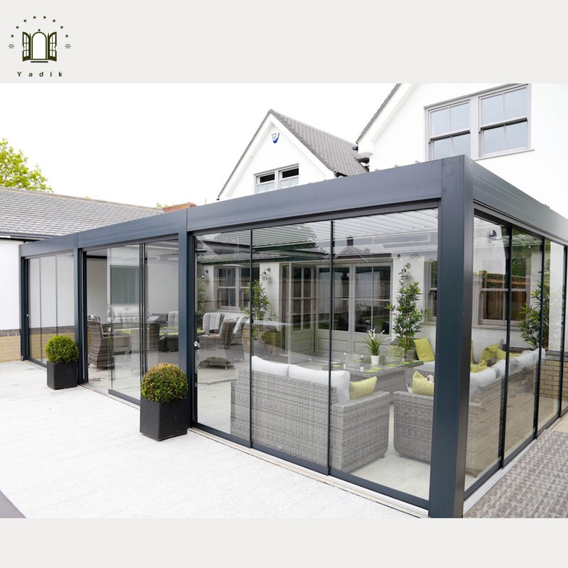 Aluminum frame retractable awning roof sliding tempered insulated glass greenhouse sunroom