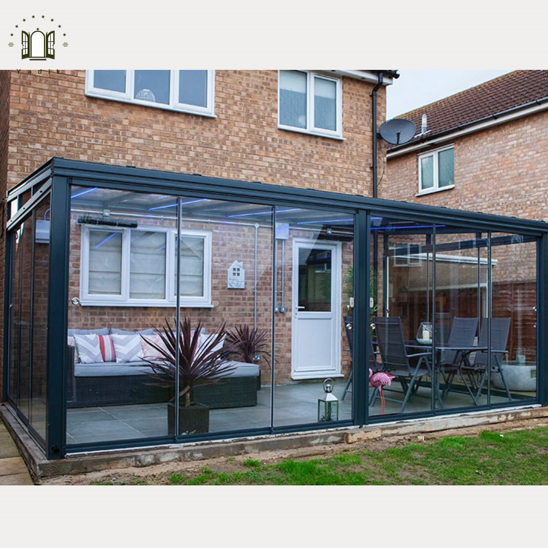 Aluminum frame retractable awning roof sliding tempered insulated glass greenhouse sunroom