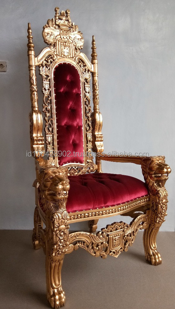 Elegant Lion Head Carved King Throne Chair With Gold Leaves Finishing - Indonesian furniture