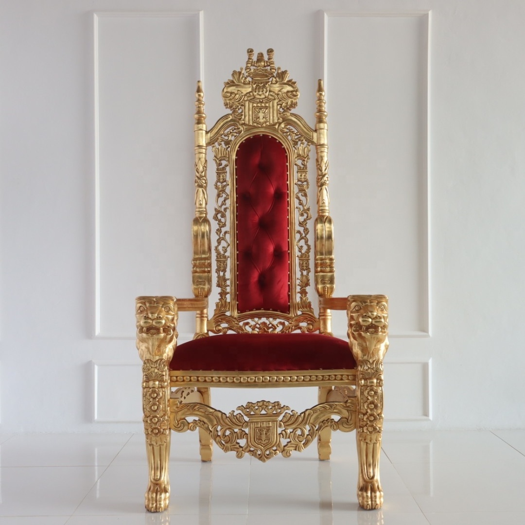 Elegant Lion Head Carved King Throne Chair With Gold Leaves Finishing - Indonesian furniture