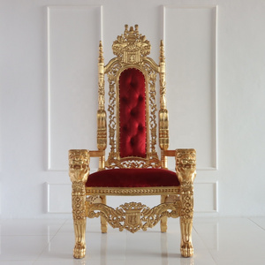 Elegant Lion Head Carved King Throne Chair With Gold Leaves Finishing - Indonesian furniture