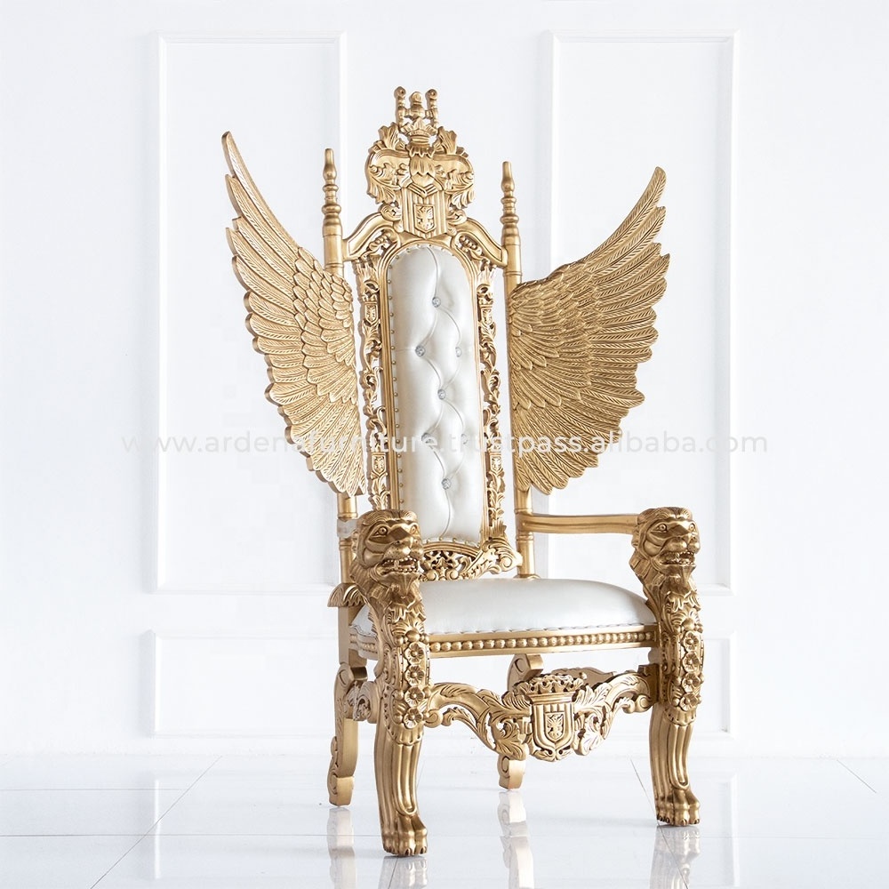 Superb Quality Lion King Throne Chair with Wings Hotel Furniture Solid Wood Gold White French Antique