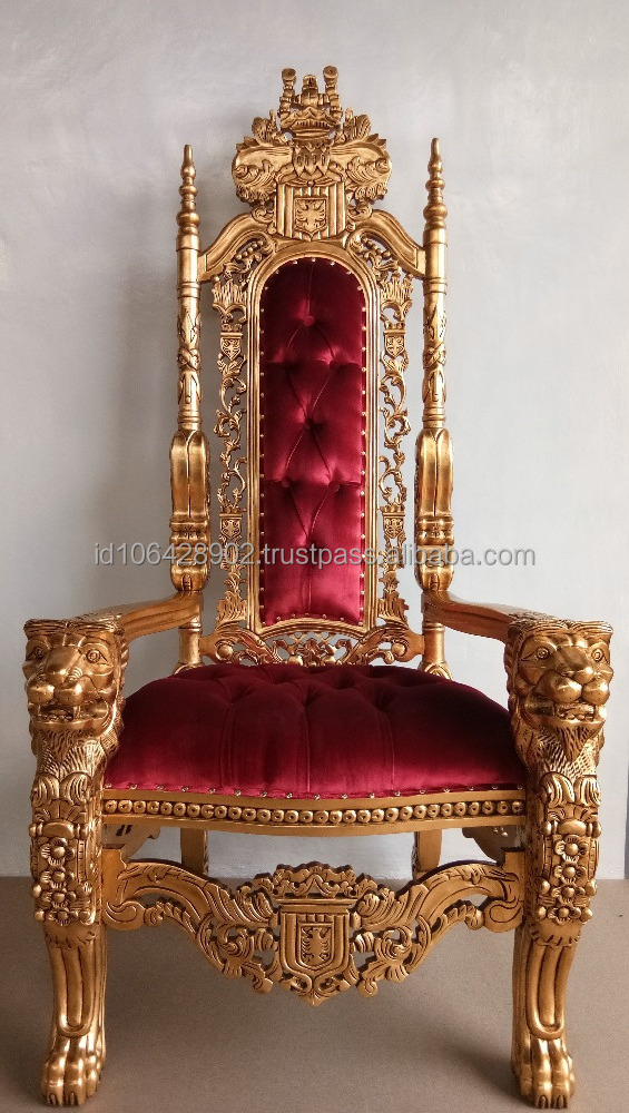 Elegant Lion Head Carved King Throne Chair With Gold Leaves Finishing - Indonesian furniture