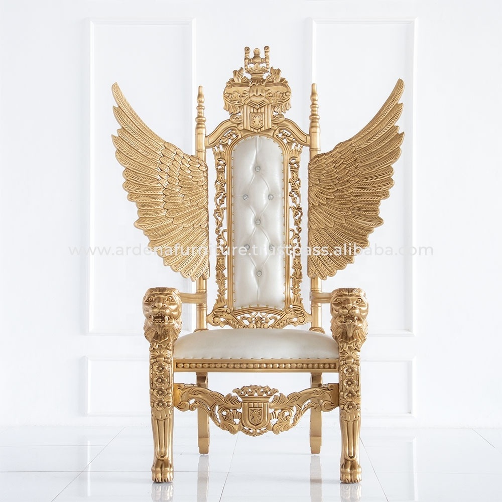 Superb Quality Lion King Throne Chair with Wings Hotel Furniture Solid Wood Gold White French Antique