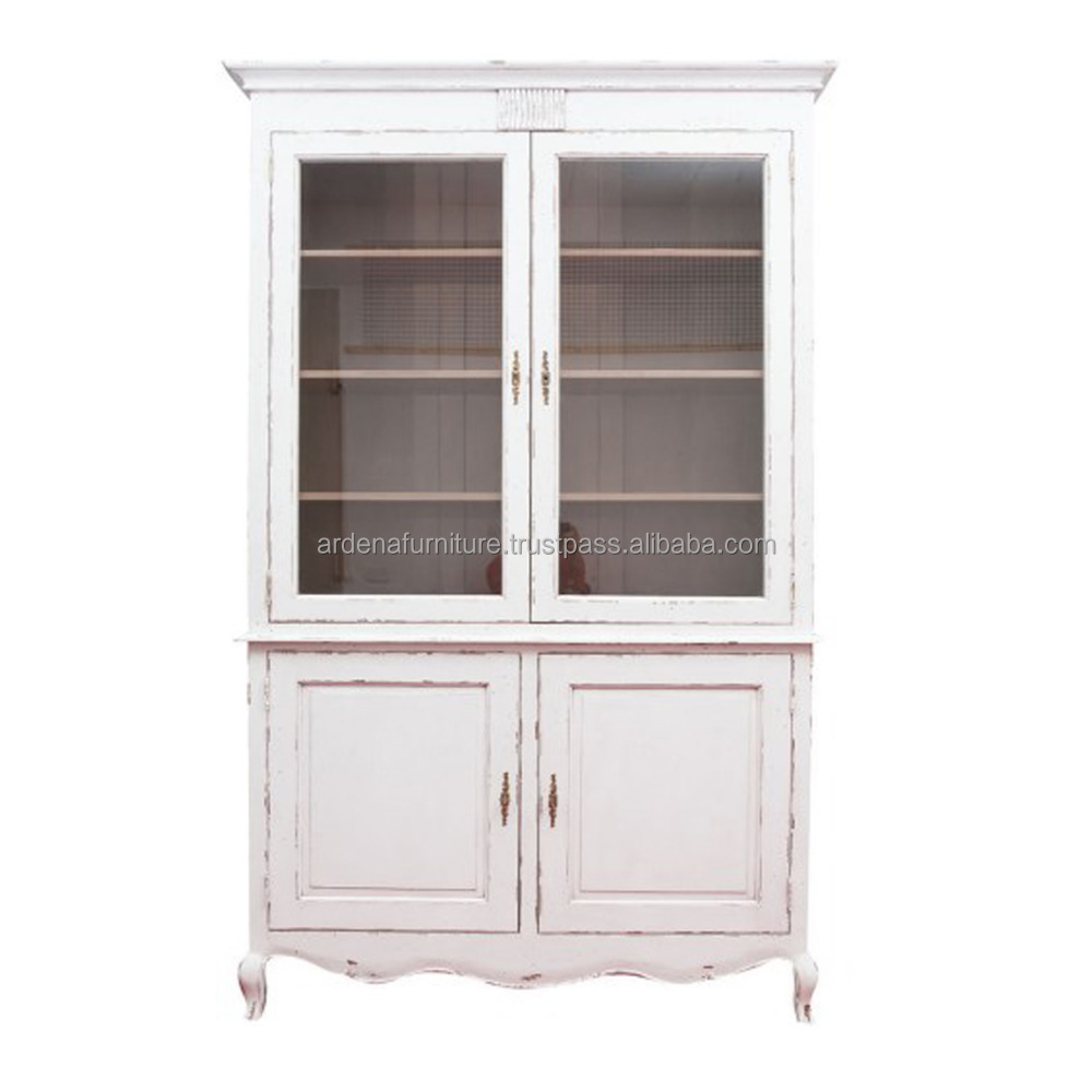 Distressed Wooden White Antique Living Room Cabinets with Solid Mahogany Wood Glass Storage Indonesia Furniture Manufacturer