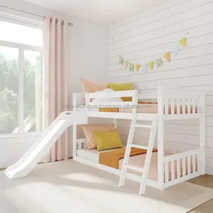 White Kindergarten Bed Low Level Bed Twin on Twin with Easy Slide Wooden Furniture Modern Kids Beds