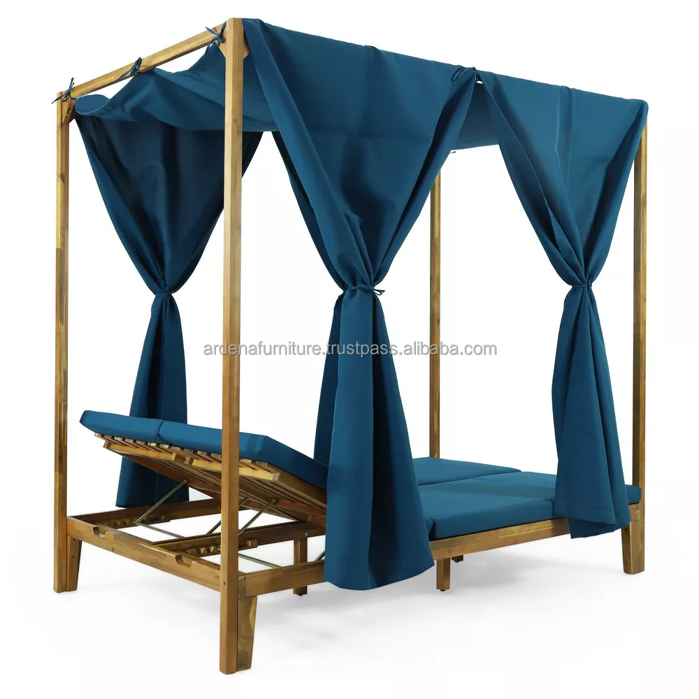 Modern Minimalist Outdoor Furniture Teak Wood Poolside Cabana Beds Sun Loungers with Canopy for Bedroom Use from Indonesia