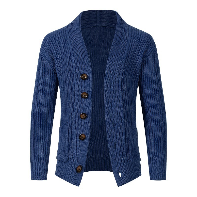 Factory Custom OEM ODM Mens Heavy Thick Button Down Cardigan Waffle Knitted Sweater Cardigan with Side Pockets For Men