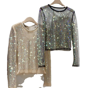 summer New ladies sequin beaded crochet sweater Semi transparent hollow long sleeved knitted pullover