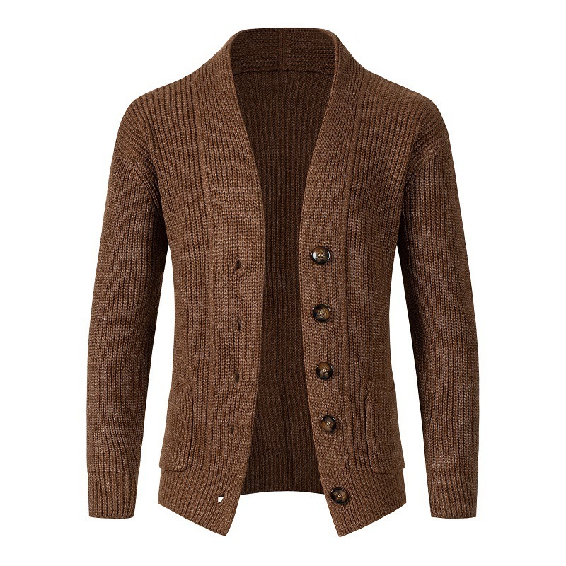 Factory Custom OEM ODM Mens Heavy Thick Button Down Cardigan Waffle Knitted Sweater Cardigan with Side Pockets For Men