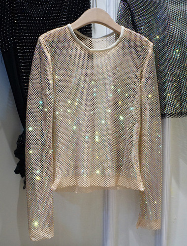 summer New ladies sequin beaded crochet sweater Semi transparent hollow long sleeved knitted pullover