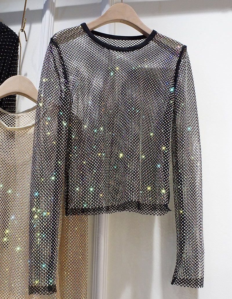 summer New ladies sequin beaded crochet sweater Semi transparent hollow long sleeved knitted pullover