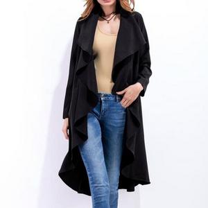 trendy design open front ruffled trims ladies long coat