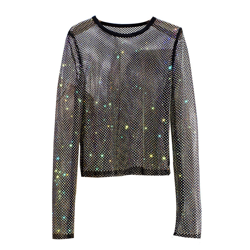 summer New ladies sequin beaded crochet sweater Semi transparent hollow long sleeved knitted pullover