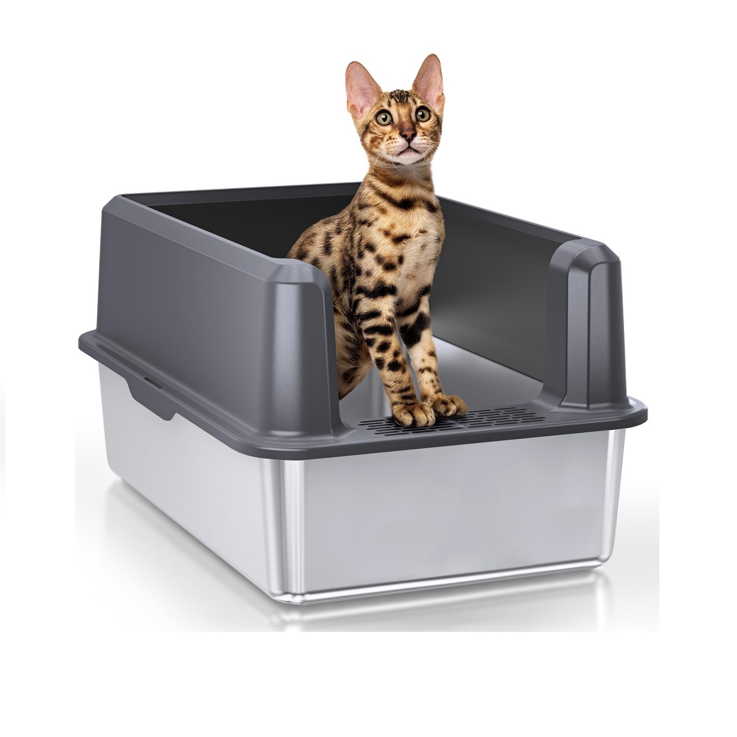 Never Absorbs Odors Easy Clean Anti-Urine Leakage Metal Litter Box High Sided Enclosed Stainless Steel Cat Litter Box with Lid