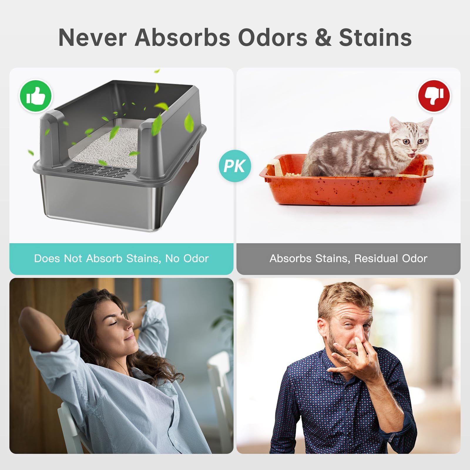 Never Absorbs Odors Easy Clean Anti-Urine Leakage Metal Litter Box High Sided Enclosed Stainless Steel Cat Litter Box with Lid