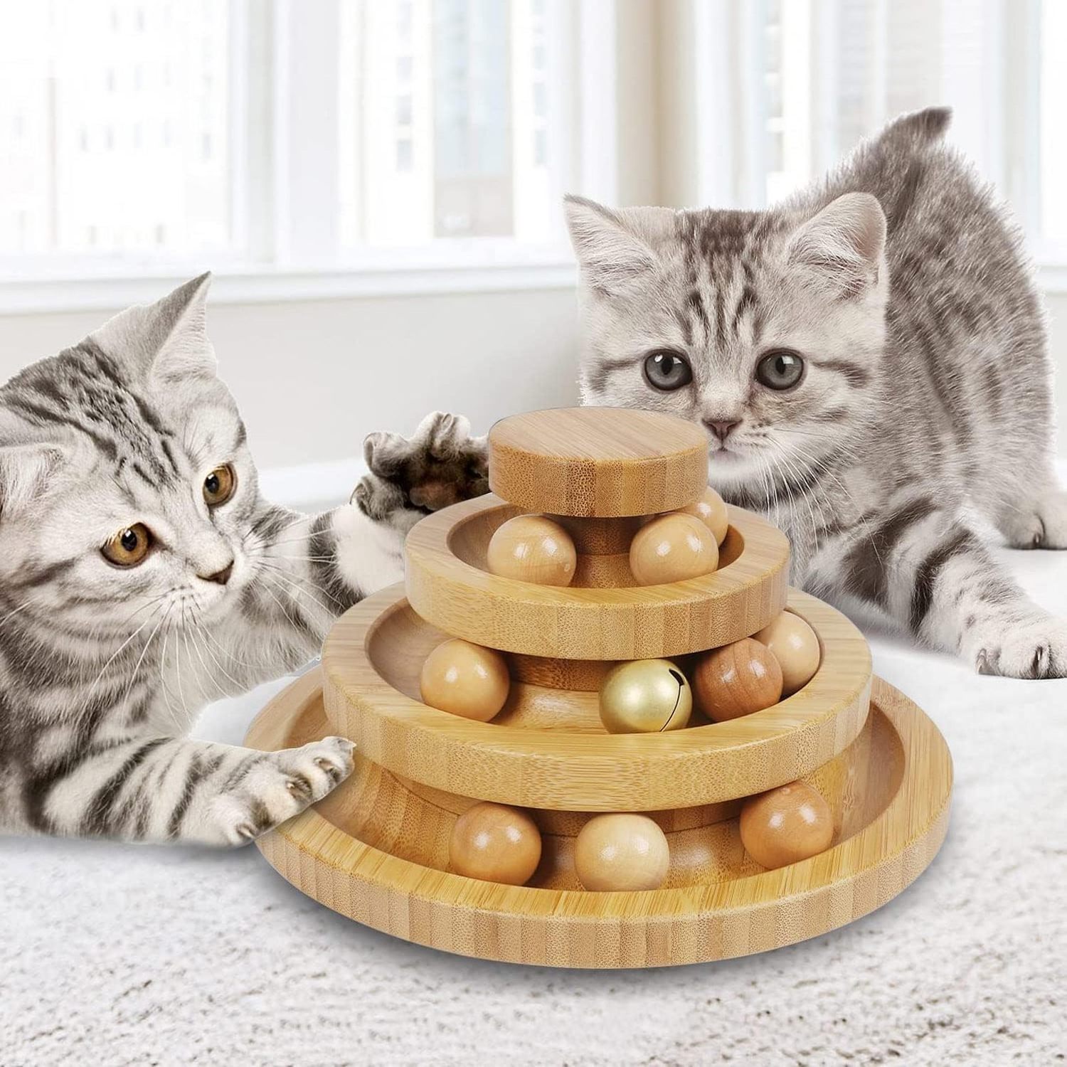 DIY Circle Fun Toy for Kitten Mental Physical Exercise 3-Level Ball Tower with 9 Removable Balls Interactive Cat Ball Track Toy