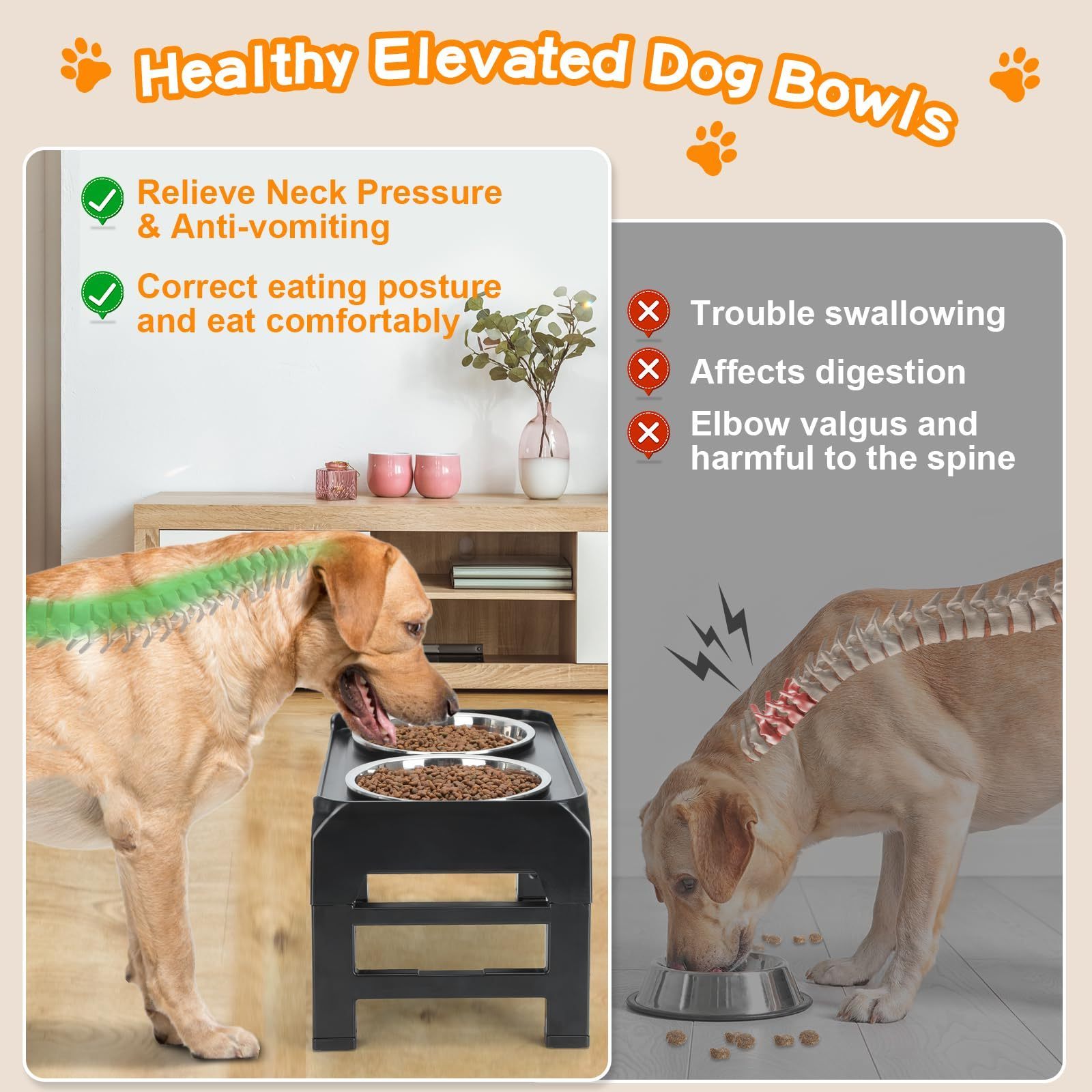 Elevated 4-Pet Bowl Stand with 2 50oz Stainless Steel Food Bowls Height Adjustable for Large & Medium Dogs Non-Slip Dog Feeder