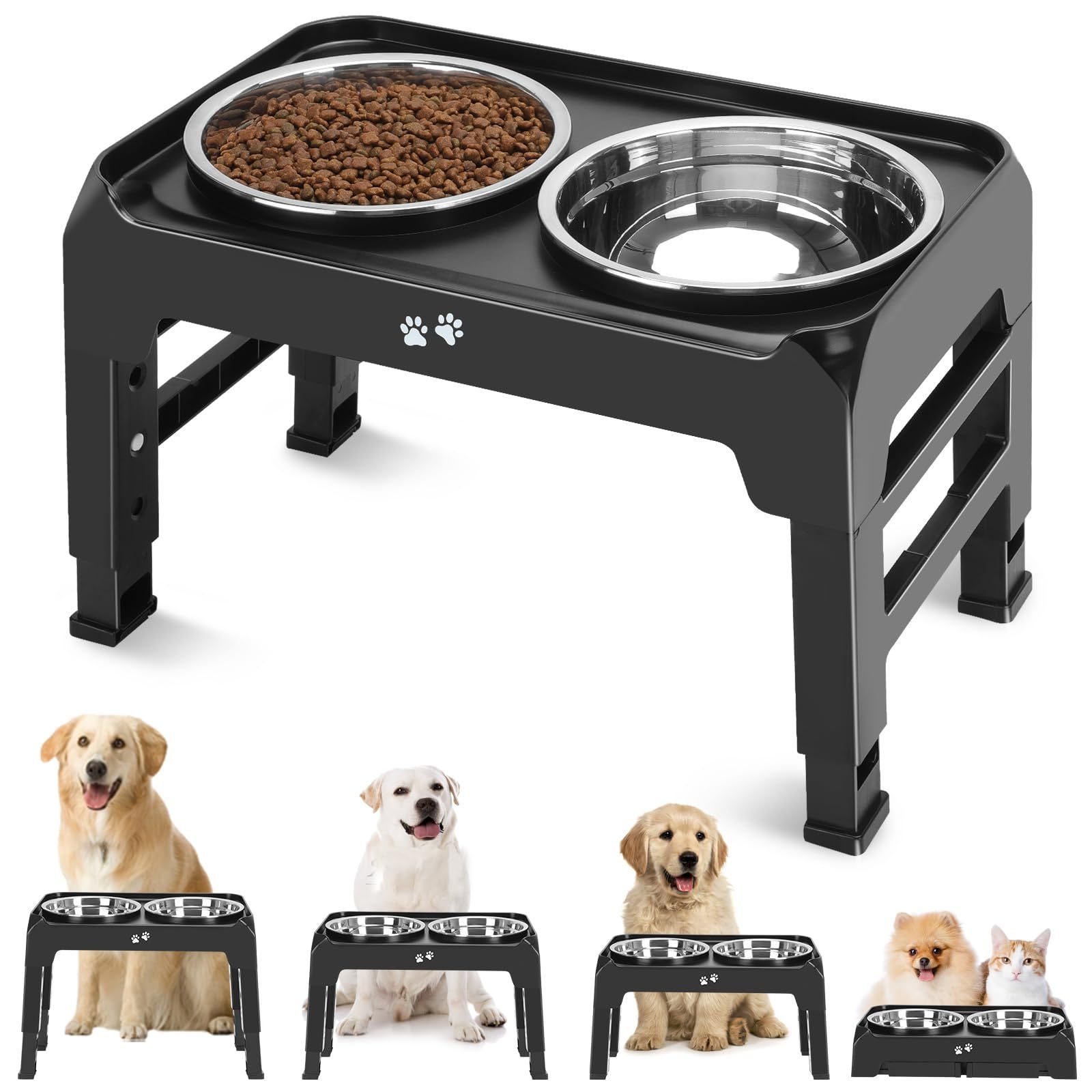 Elevated 4-Pet Bowl Stand with 2 50oz Stainless Steel Food Bowls Height Adjustable for Large & Medium Dogs Non-Slip Dog Feeder