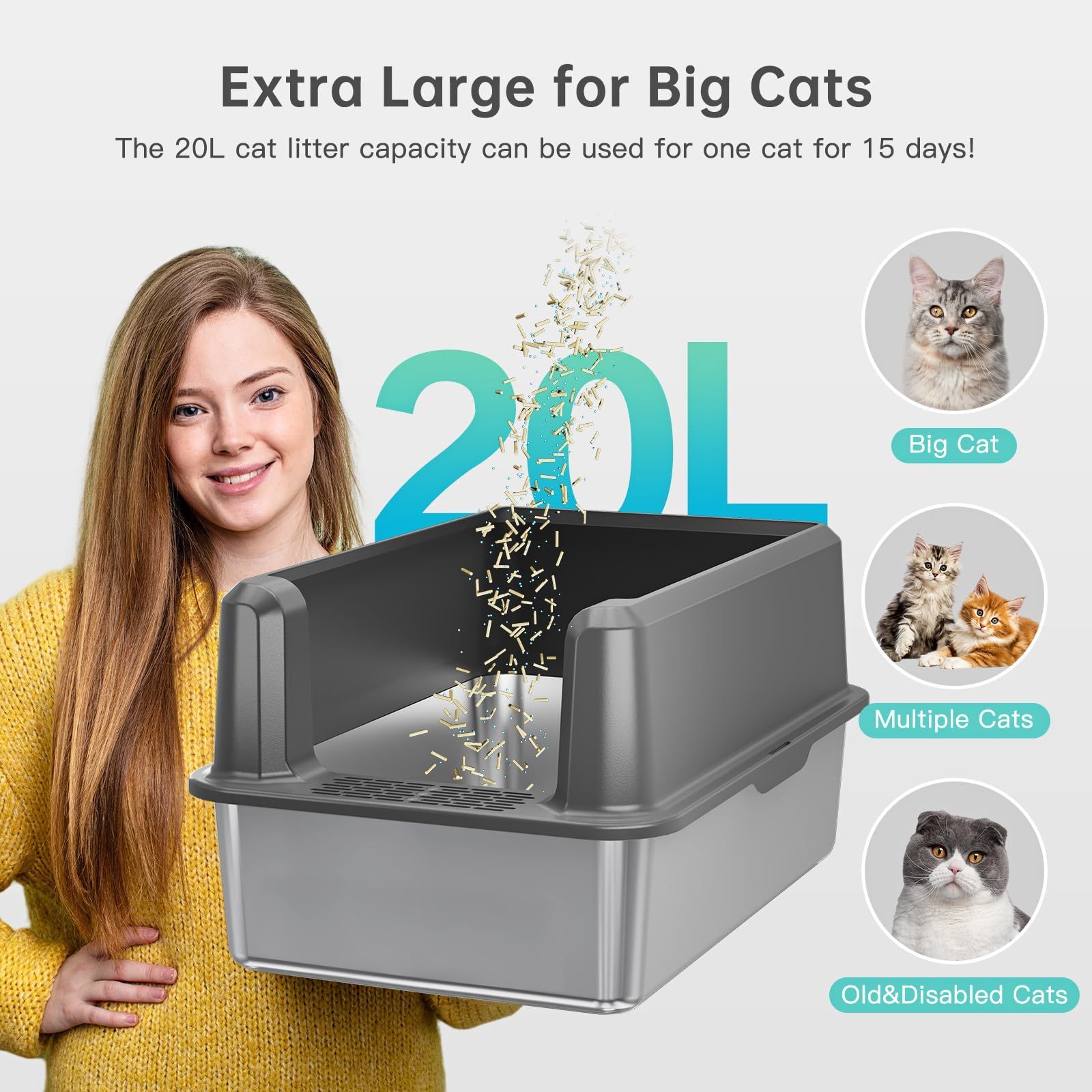 Never Absorbs Odors Easy Clean Anti-Urine Leakage Metal Litter Box High Sided Enclosed Stainless Steel Cat Litter Box with Lid