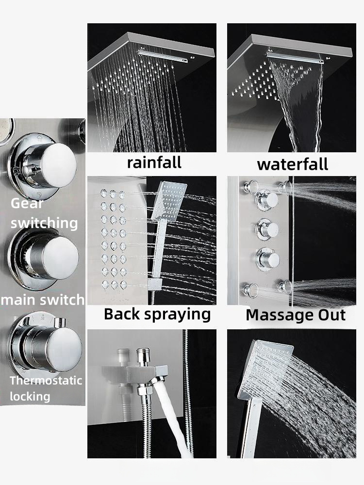 Idealex Hot Sale Stainless steel LED Wall Mounted Black Contemporary Waterfall Shower Column Panel Faucet for Bathroom