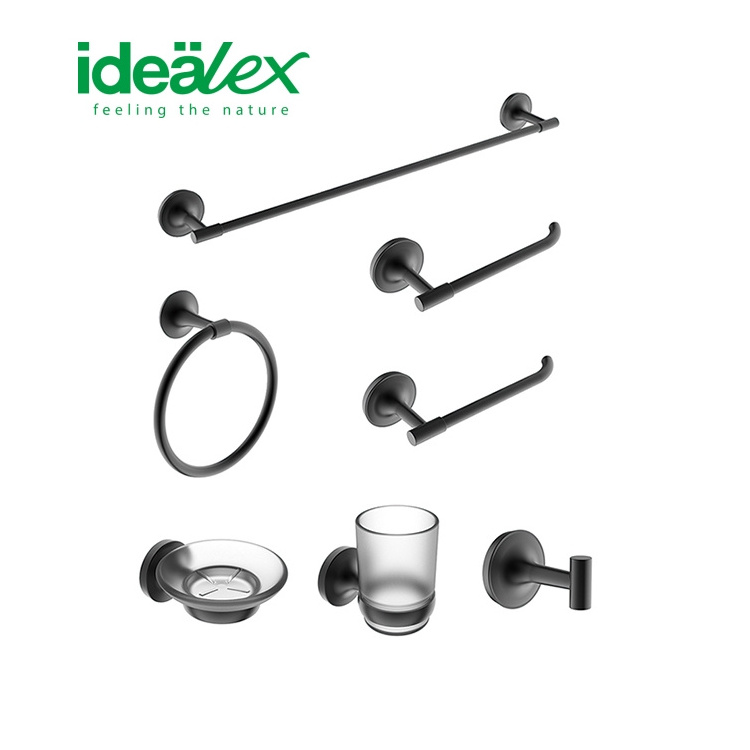 Ares Idealex stainless steel 6 pieces Round Design Black Sanitary Wall Mounted Bathroom Accessories hardware Set